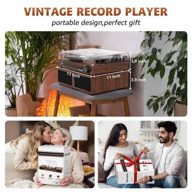 Alt view image 5 of 7 - Vinyl Record Player with External Speakers BT 5.3 Wireless Turntable Portable with 3 Speed USB Vintage Wooden Coffee