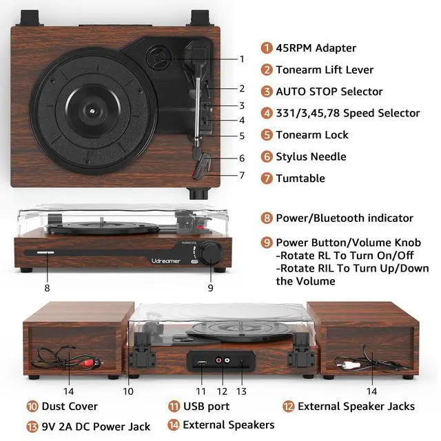 Alt view image 6 of 7 - Vinyl Record Player with External Speakers BT 5.3 Wireless Turntable Portable with 3 Speed USB Vintage Wooden Coffee