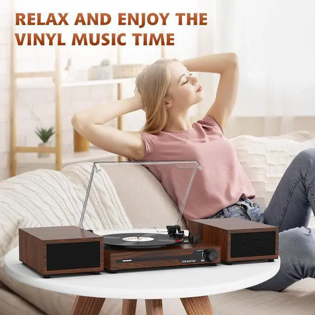 Alt view image 7 of 7 - Vinyl Record Player with External Speakers BT 5.3 Wireless Turntable Portable with 3 Speed USB Vintage Wooden Coffee