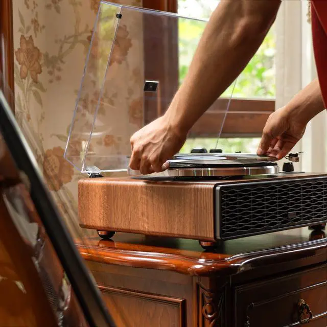 Alt view image 3 of 7 - Vinyl Record Player, Hi-Fi Bluetooth Turntable with Speakers | Adjustable Counterweight, 33/45 RPM, AT3600L Stylus, Automatic Stop, RCA output Vintage Phonograph Home Decor