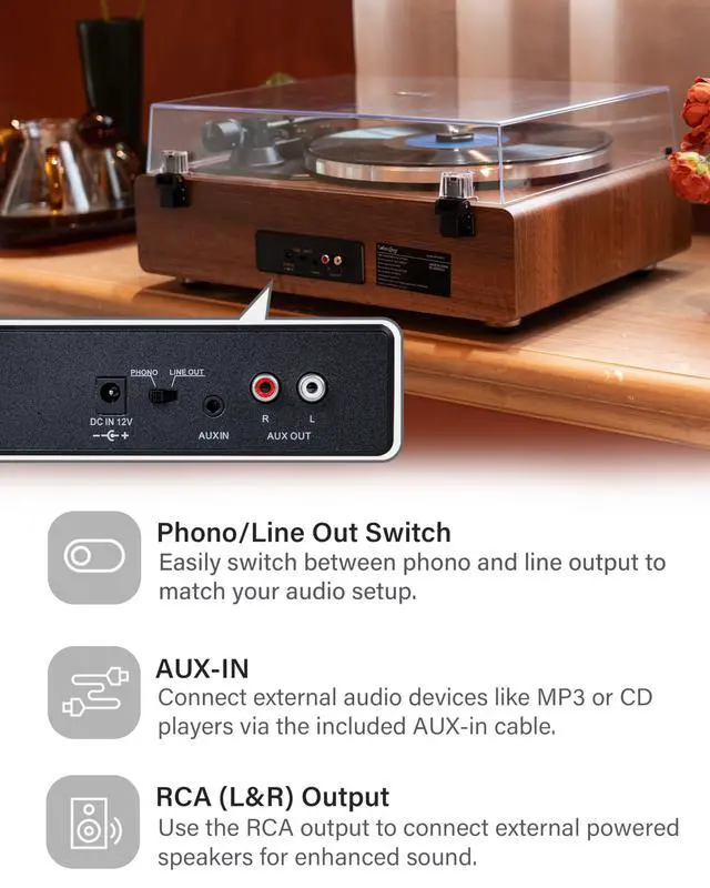Alt view image 4 of 7 - Vinyl Record Player, Hi-Fi Bluetooth Turntable with Speakers | Adjustable Counterweight, 33/45 RPM, AT3600L Stylus, Automatic Stop, RCA output Vintage Phonograph Home Decor