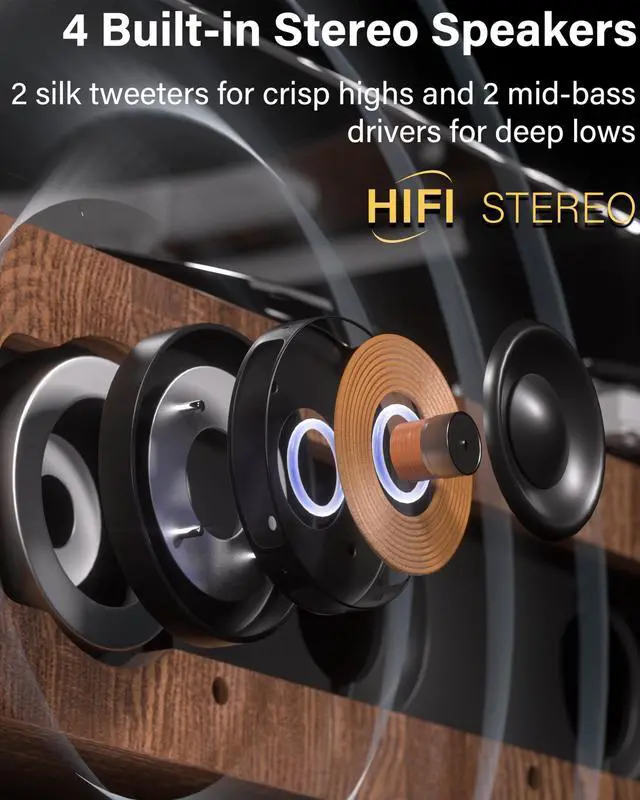 Alt view image 6 of 7 - Vinyl Record Player, Hi-Fi Bluetooth Turntable with Speakers | Adjustable Counterweight, 33/45 RPM, AT3600L Stylus, Automatic Stop, RCA output Vintage Phonograph Home Decor