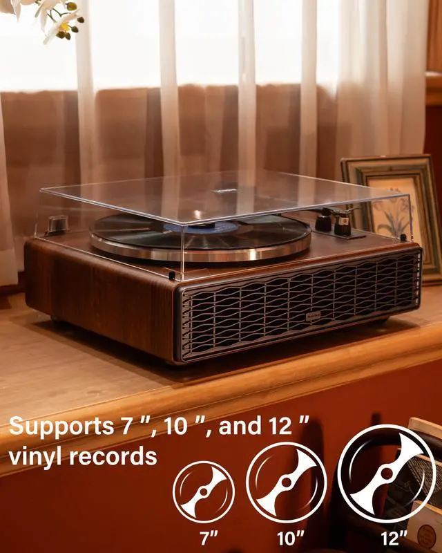 Alt view image 2 of 7 - Vinyl Record Player, Hi-Fi Bluetooth Turntable with Speakers | Adjustable Counterweight, 33/45 RPM, AT3600L Stylus, Automatic Stop, RCA output Vintage Phonograph Home Decor