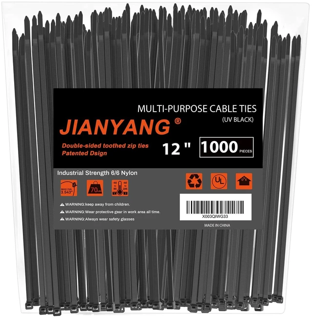 Main image of 12 Inch Zip Ties Double Sided Toothed (Bulk 1000 Pack),85 LBS Tensile Strength Heavy Duty Cable Wire Ties With Self-Locking Adjustable More Durable Nylon Tie Wraps for Indoor Outdoor