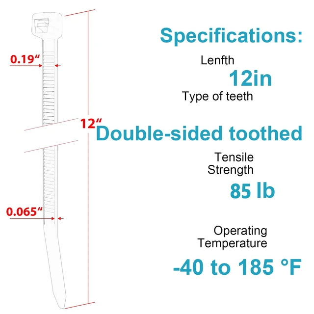 Alt view image 2 of 6 - 12 Inch Zip Ties Double Sided Toothed (Bulk 1000 Pack),85 LBS Tensile Strength Heavy Duty Cable Wire Ties With Self-Locking Adjustable More Durable Nylon Tie Wraps for Indoor Outdoor