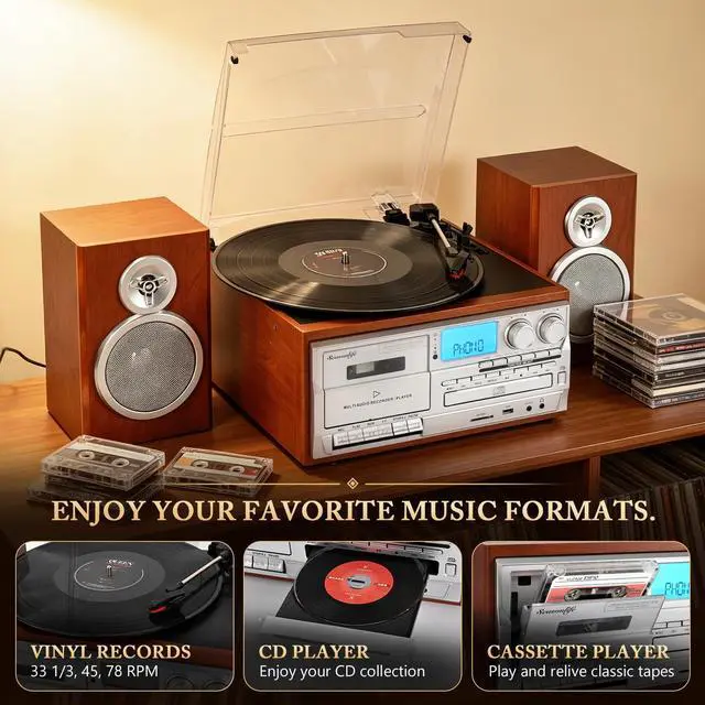 Alt view image 2 of 7 - ® 10 in 1 Record Player with External Speakers, Retro Red Brown | Vintage Turntable,3 Speed, BT Input Output, CD Cassette Tape Player, AM FM Radio, USB SD Playback,AUX RCA Auto Stop,Recording