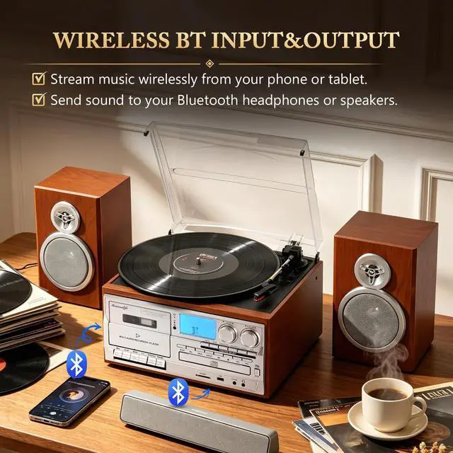 Alt view image 3 of 7 - ® 10 in 1 Record Player with External Speakers, Retro Red Brown | Vintage Turntable,3 Speed, BT Input Output, CD Cassette Tape Player, AM FM Radio, USB SD Playback,AUX RCA Auto Stop,Recording