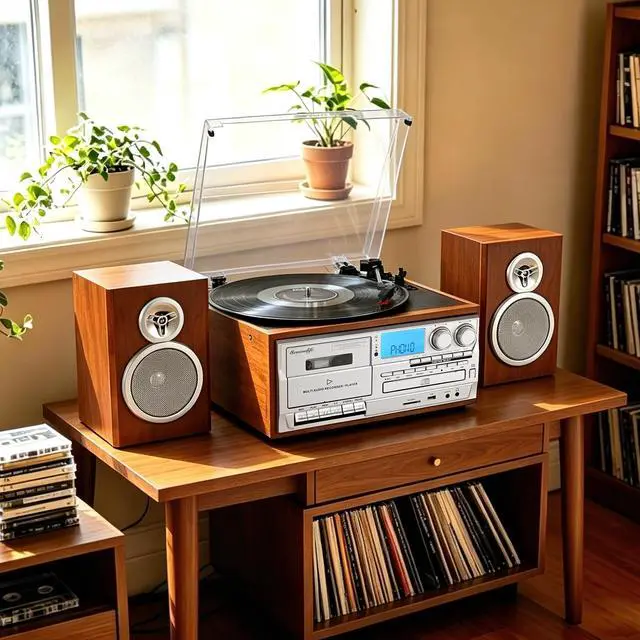 Alt view image 4 of 7 - ® 10 in 1 Record Player with External Speakers, Retro Red Brown | Vintage Turntable,3 Speed, BT Input Output, CD Cassette Tape Player, AM FM Radio, USB SD Playback,AUX RCA Auto Stop,Recording