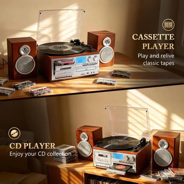 Alt view image 5 of 7 - ® 10 in 1 Record Player with External Speakers, Retro Red Brown | Vintage Turntable,3 Speed, BT Input Output, CD Cassette Tape Player, AM FM Radio, USB SD Playback,AUX RCA Auto Stop,Recording
