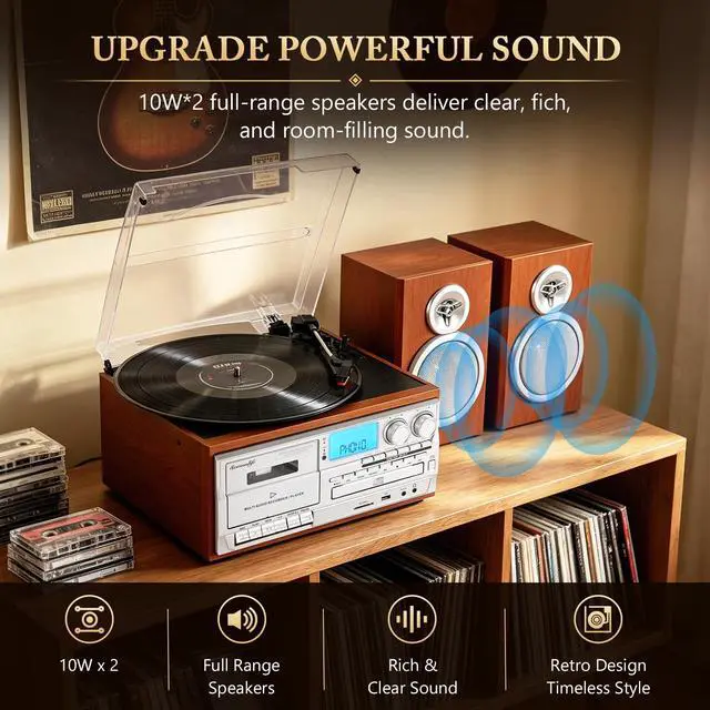 Alt view image 6 of 7 - ® 10 in 1 Record Player with External Speakers, Retro Red Brown | Vintage Turntable,3 Speed, BT Input Output, CD Cassette Tape Player, AM FM Radio, USB SD Playback,AUX RCA Auto Stop,Recording