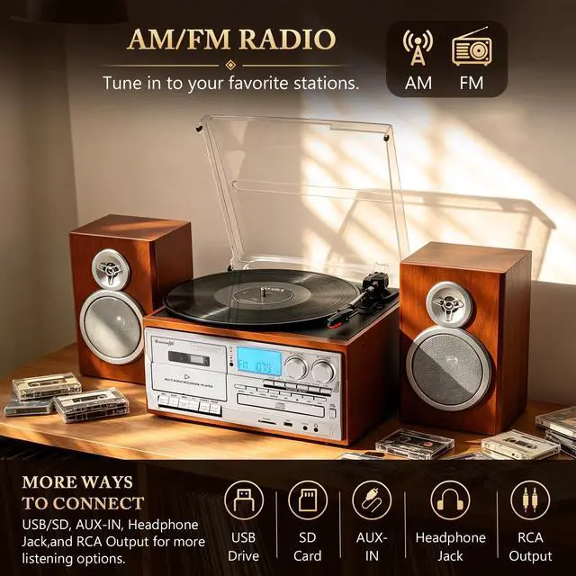 Alt view image 7 of 7 - ® 10 in 1 Record Player with External Speakers, Retro Red Brown | Vintage Turntable,3 Speed, BT Input Output, CD Cassette Tape Player, AM FM Radio, USB SD Playback,AUX RCA Auto Stop,Recording