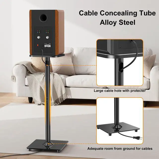 Alt view image 4 of 7 - Speaker Stands Pair, 31" Fixed Height, Max 22 lbs, Tempered Glass Base | Surround Sound Speaker Stands, Cable Management, Universal Floor Speaker Standing for Studio Satellite Rear Bookshelf Speaker