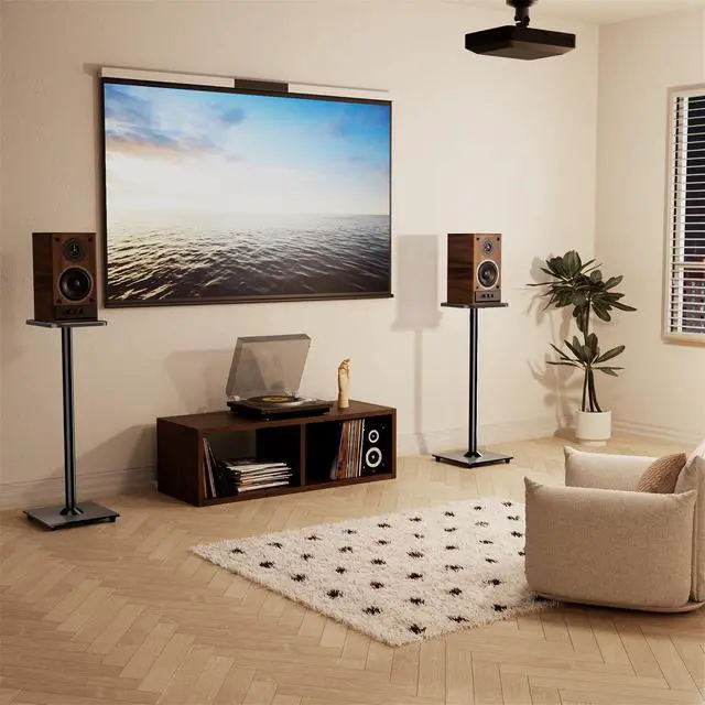 Alt view image 6 of 7 - Speaker Stands Pair, 31" Fixed Height, Max 22 lbs, Tempered Glass Base | Surround Sound Speaker Stands, Cable Management, Universal Floor Speaker Standing for Studio Satellite Rear Bookshelf Speaker