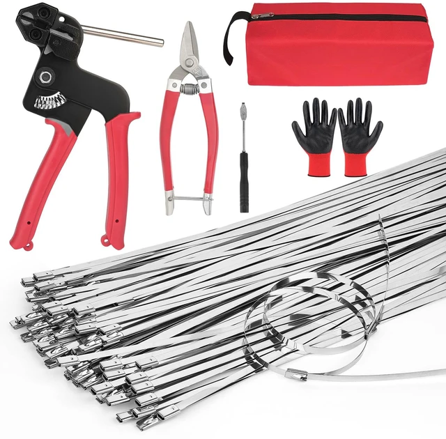 Main image of 105-Piece Cable Tie Gun Kit,11.8 in 304 Stainless Steel Zip Ties Includes 100 metal zip ties, release tool; gun tightens, cuts ties for fence, exhaust pipe, chicken coop, farm, cables