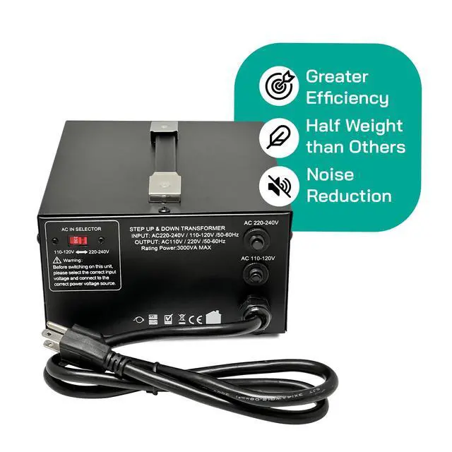 Alt view image 4 of 7 - 3000 Watt Voltage Converter Transformer Step Up/Down - 110v to 220v / 220v to 110v Power Converter - Fully USA Grounded Cord - Universal Outlet Socket, CE Certified