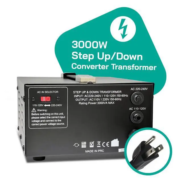 Alt view image 2 of 7 - 3000 Watt Voltage Converter Transformer Step Up/Down - 110v to 220v / 220v to 110v Power Converter - Fully USA Grounded Cord - Universal Outlet Socket, CE Certified