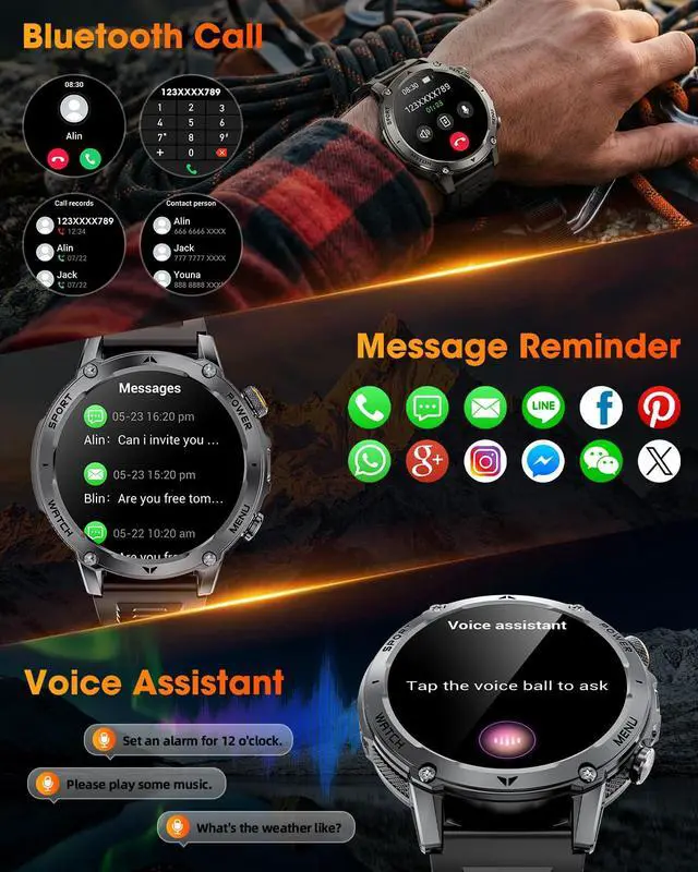 Alt view image 4 of 7 - Military Smart Watches for Men, 2026 Fitness Smartwatch with 1400mAh, Answer/Make Calls, Heart Rate, SpO2 Monitor, Sleep Tracker, 100+Sports Mode, IP68 Waterproof Smartwatch for Android iPhone