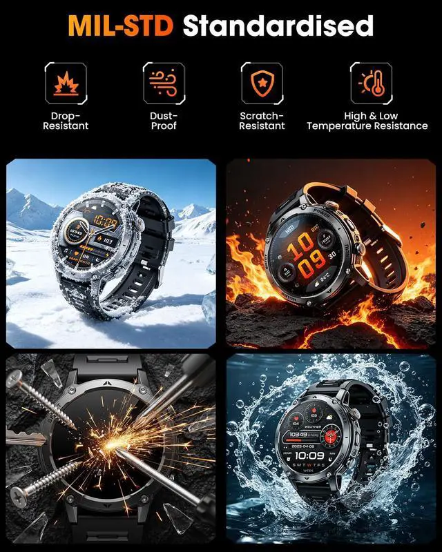 Alt view image 5 of 7 - Military Smart Watches for Men, 2026 Fitness Smartwatch with 1400mAh, Answer/Make Calls, Heart Rate, SpO2 Monitor, Sleep Tracker, 100+Sports Mode, IP68 Waterproof Smartwatch for Android iPhone