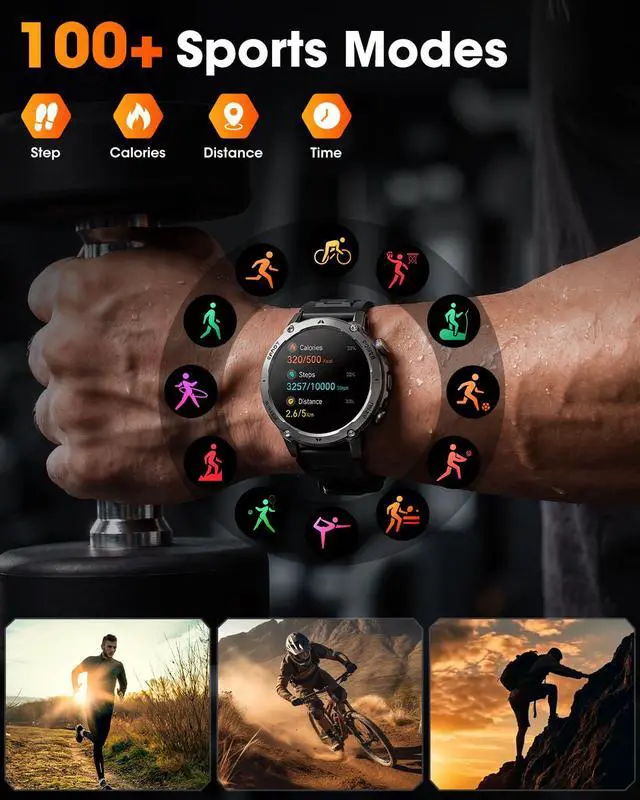 Alt view image 7 of 7 - Military Smart Watches for Men, 2026 Fitness Smartwatch with 1400mAh, Answer/Make Calls, Heart Rate, SpO2 Monitor, Sleep Tracker, 100+Sports Mode, IP68 Waterproof Smartwatch for Android iPhone