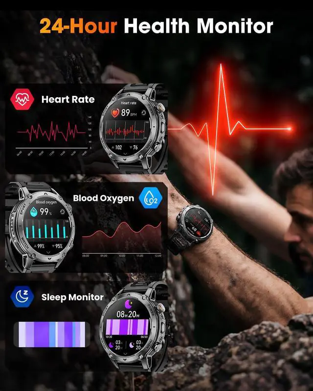 Alt view image 6 of 7 - Military Smart Watches for Men, 2026 Fitness Smartwatch with 1400mAh, Answer/Make Calls, Heart Rate, SpO2 Monitor, Sleep Tracker, 100+Sports Mode, IP68 Waterproof Smartwatch for Android iPhone
