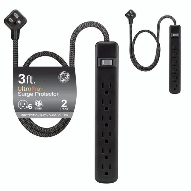 Main image of Sur Protector Power Strip, 2 Pack | 3 Ft Flat Plug Braided Extension Cord, 6 Outlet Extender, 450 Joules, Wall Mount, ETL Safety Listed, Black, 74544
