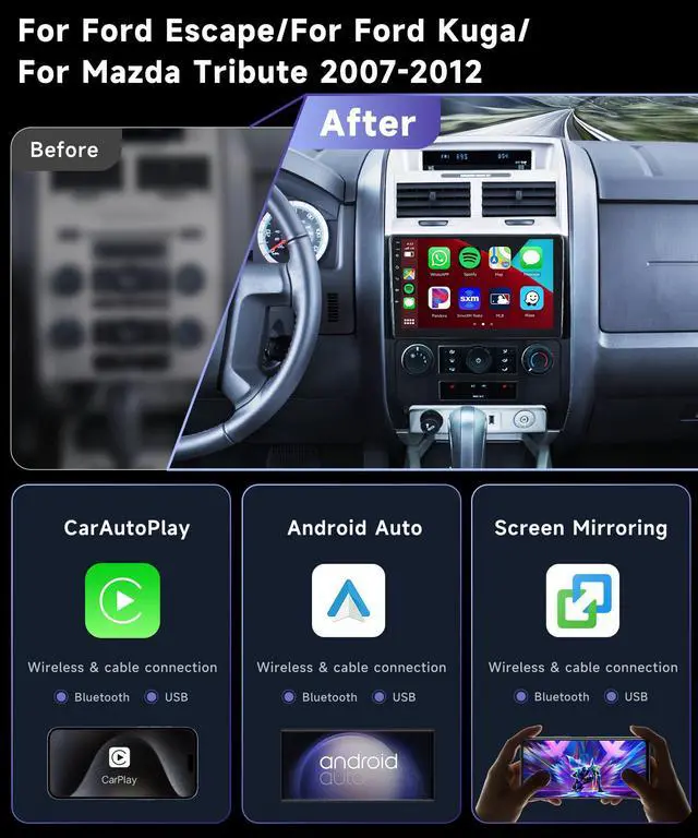 Alt view image 3 of 7 - 8Core 4G+64G Car Stereo for Ford Escape/Ford Kuga/Mazda Tribute 2007-2012 | Radio with 9inch 1280x720P Touchscreen WiFi Wireless CarPlay Android Auto Bluetooth 5.0 GPS DSP 36EQ Backup Camera