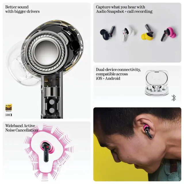 Alt view image 2 of 7 - Ear (3a) Noise Cancelling Earbuds, 45dB Hybrid ANC, 12mm Driver with Hi-Res Audio and Bigger Bass, 6 Mics for Clear Calls & Recording, Dual Connect Bluetooth Earphones for Sport, Travel, Work