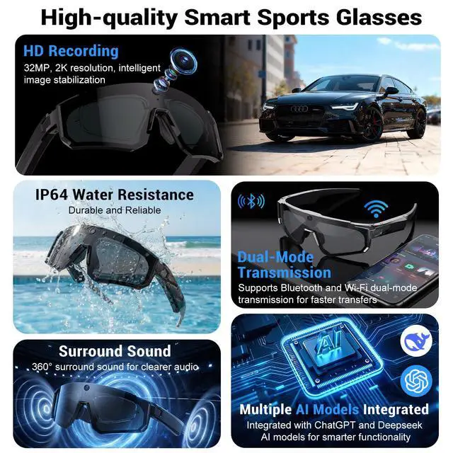 Alt view image 4 of 7 - Smart Glasses with Camera and Bluetooth, POV Glasses with Photochromic Lens, 32MP Anti-Shake Camera, EIS Stabilization, IP64 Waterproof Sports Sunglasses for Cycling Running Hiking Baseball