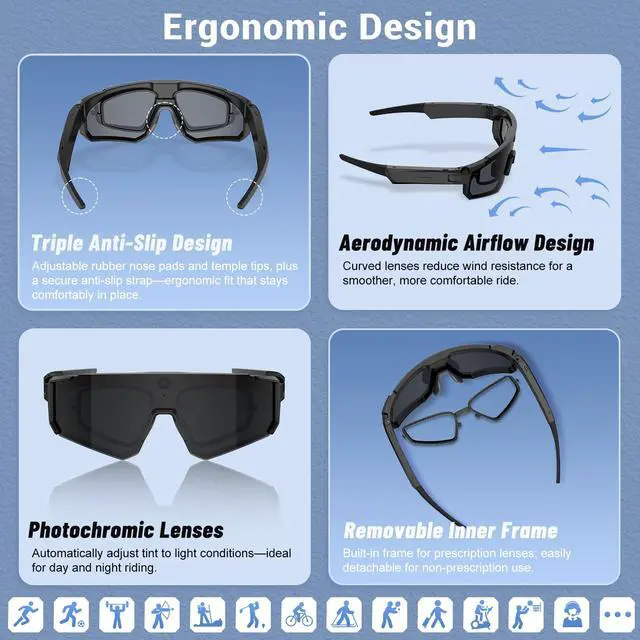 Alt view image 6 of 7 - Smart Glasses with Camera and Bluetooth, POV Glasses with Photochromic Lens, 32MP Anti-Shake Camera, EIS Stabilization, IP64 Waterproof Sports Sunglasses for Cycling Running Hiking Baseball