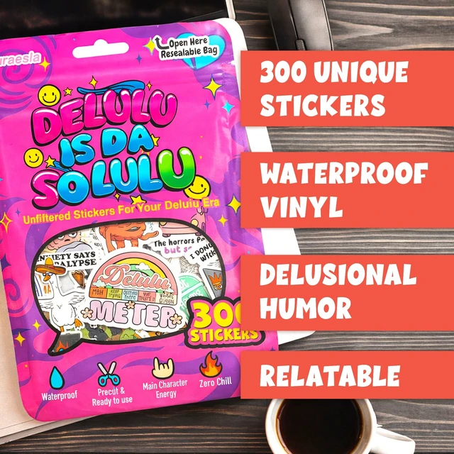 Alt view image 2 of 7 - 300PCS Funny Stickers for Adults - Delulu is Da Solulu Sticker Pack By - Sarcastic Meme Decals for Best Friends, Co-Workers Waterproof Vinyl for Laptop, Water Bottle, Journal, Scrapbooking