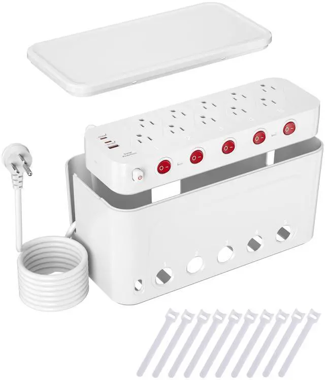 Main image of Power Strip with Cable Management Box, Large Cord Organizer Box,White | Power Strip Box with 10 Outlet and 3 USB Port,Individual Switches,6ft Flat Plug Extension Cord,Under-Desk Wire Storage Hider