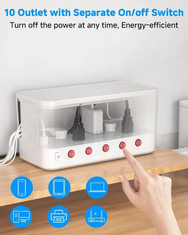 Alt view image 4 of 7 - Power Strip with Cable Management Box, Large Cord Organizer Box,White | Power Strip Box with 10 Outlet and 3 USB Port,Individual Switches,6ft Flat Plug Extension Cord,Under-Desk Wire Storage Hider