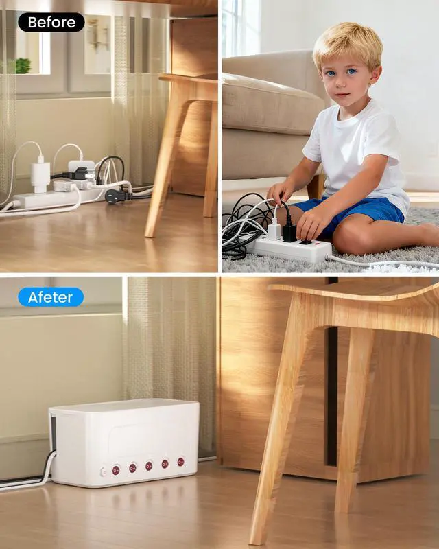 Alt view image 6 of 7 - Power Strip with Cable Management Box, Large Cord Organizer Box,White | Power Strip Box with 10 Outlet and 3 USB Port,Individual Switches,6ft Flat Plug Extension Cord,Under-Desk Wire Storage Hider