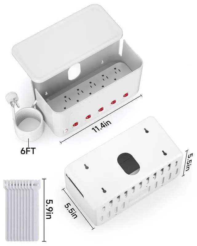 Alt view image 7 of 7 - Power Strip with Cable Management Box, Large Cord Organizer Box,White | Power Strip Box with 10 Outlet and 3 USB Port,Individual Switches,6ft Flat Plug Extension Cord,Under-Desk Wire Storage Hider