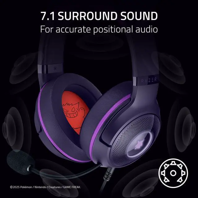 Alt view image 6 of 7 - Kraken Kitty V2 USB Wired Headset: Gengar Spikes - Stream Reactive Lighting - HyperClear Cardioid Mic - 40 mm Drivers - 7.1 Surround Sound - Comfortable Ear Cushions - Pokemon Gengar Edition
