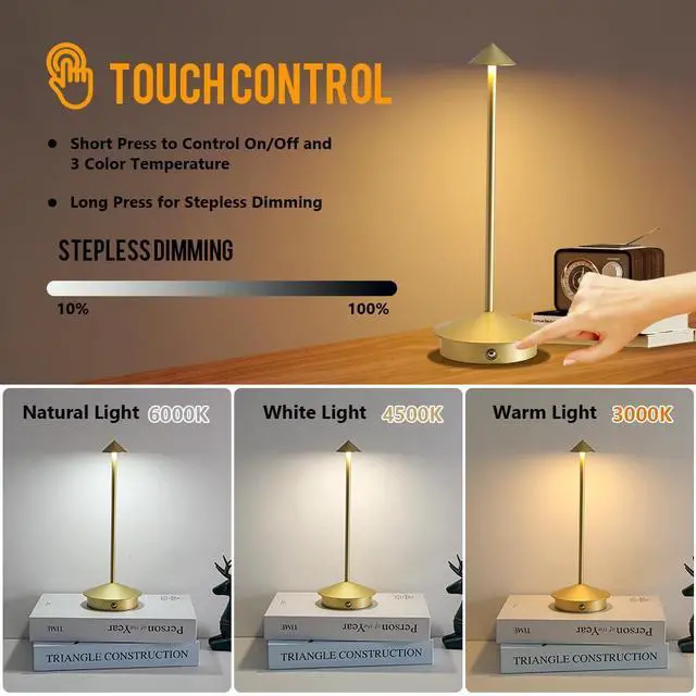 Alt view image 3 of 7 - Cordless Table Lamp Set of 2, 5000mAh Rechargeable Battery Powered LED Desk Lamp, Portable Touch Dimming Outdoor Table Lamps, 3 Color Light for Restaurant, Patio, Bedroom, Night Lamp (Gold)