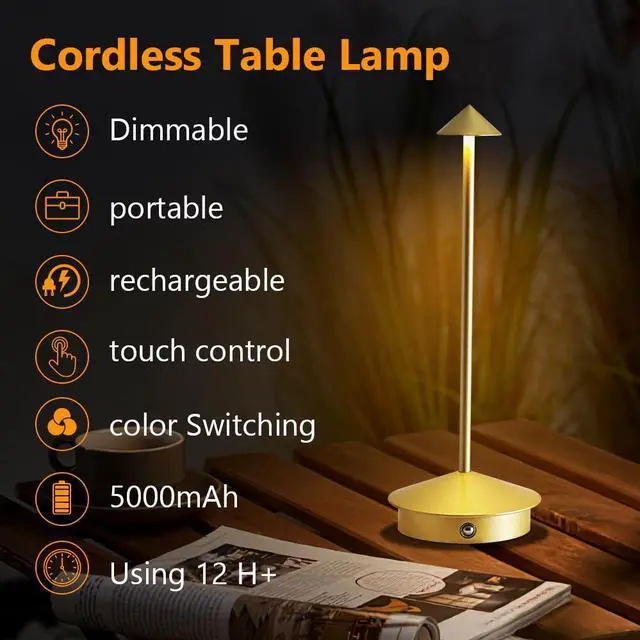 Alt view image 2 of 7 - Cordless Table Lamp Set of 2, 5000mAh Rechargeable Battery Powered LED Desk Lamp, Portable Touch Dimming Outdoor Table Lamps, 3 Color Light for Restaurant, Patio, Bedroom, Night Lamp (Gold)