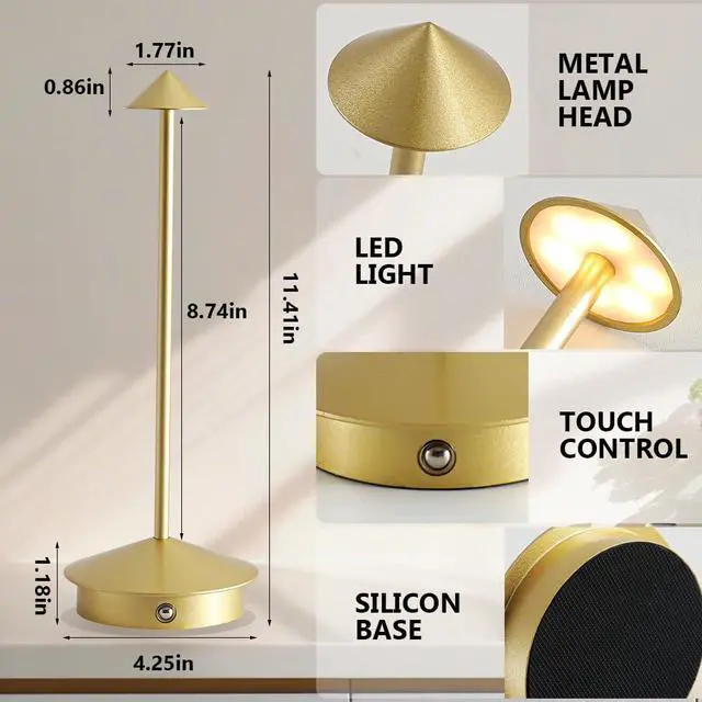 Alt view image 6 of 7 - Cordless Table Lamp Set of 2, 5000mAh Rechargeable Battery Powered LED Desk Lamp, Portable Touch Dimming Outdoor Table Lamps, 3 Color Light for Restaurant, Patio, Bedroom, Night Lamp (Gold)