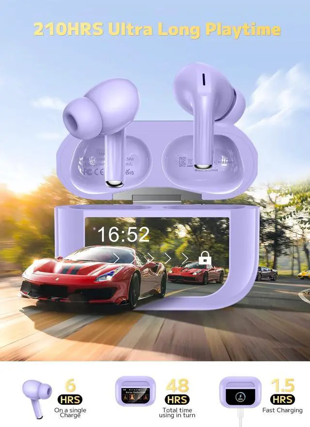 Alt view image 4 of 7 - Wireless Earbuds, Ear Buds Active Noise Cancelling with Smart Charging Case, Bluetooth 5.4 Headphones, 48H Playtime & Bass Stereo Sound, Compatible with iPhone, Android, Pad - Aurora Purple