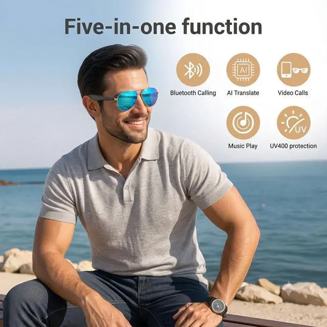 Alt view image 7 of 7 - AI Smart Glasses, Smart Translation Glasses That Support 164 Language Translation, IP65 Waterproof Smart Sunglasses, Classic Aviator Sunglasses with Voice Assistant/AI Call/Chat GPT