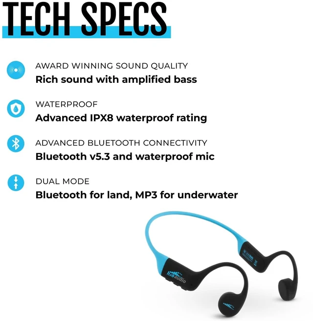 Alt view image 7 of 7 - TRI 2 Multisport Waterproof Bone Conduction Open Ear Headphones, Bluetooth 5.3 for Running and Cycling, MP3 Mode for Swimming, 8GB Memory, 8.5-Hour Battery, Black/Blue