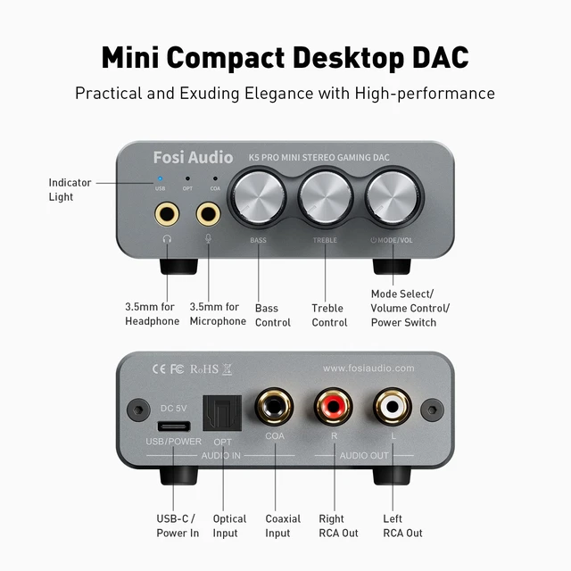 Alt view image 2 of 7 - K5 Pro Gaming DAC Headphone Amp, HiFi Headphone Amplifier 1000mw with Mic Input, Bass Treble Control, USB-C/Optical/Coaxial to RCA/3.5mm AUX for PS5/PC/Mac, 24Bit/192kHz, Plug & Play