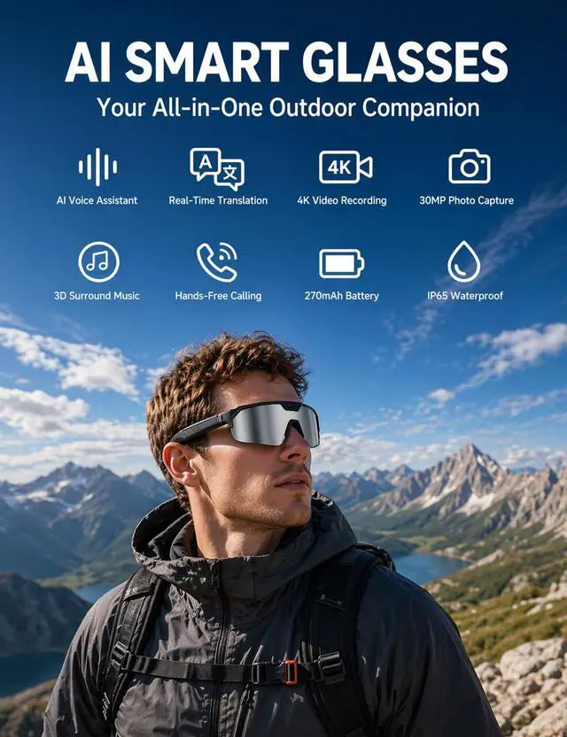 Alt view image 2 of 7 - AI Smart Glasses with 30MP Camera, 4K HD Video Recording Sport SunGlasses | Bluetooth ChatGPT Voice Real-Time Translation, IP66 UV400 Sunglasses for Baseball, Cycling & Hiking Black