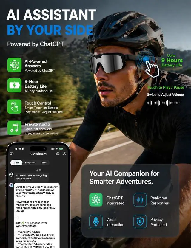 Alt view image 4 of 7 - AI Smart Glasses with 30MP Camera, 4K HD Video Recording Sport SunGlasses | Bluetooth ChatGPT Voice Real-Time Translation, IP66 UV400 Sunglasses for Baseball, Cycling & Hiking Black