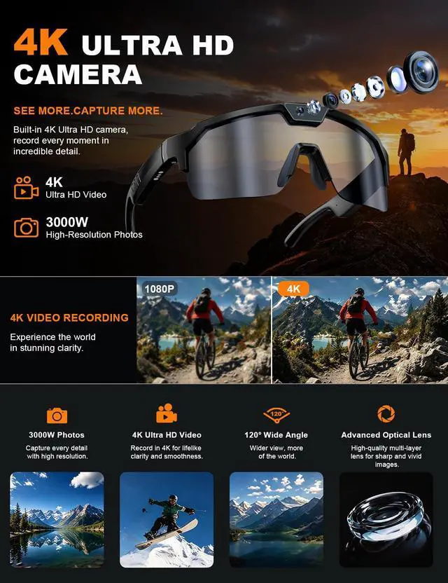 Alt view image 3 of 7 - AI Smart Glasses with 30MP Camera, 4K HD Video Recording Sport SunGlasses | Bluetooth ChatGPT Voice Real-Time Translation, IP66 UV400 Sunglasses for Baseball, Cycling & Hiking Black