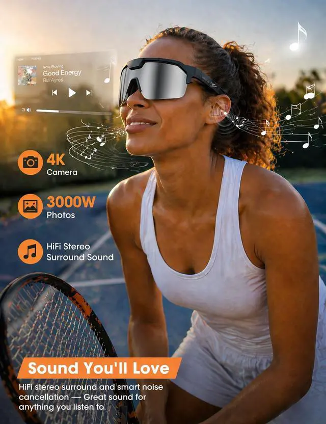 Alt view image 6 of 7 - AI Smart Glasses with 30MP Camera, 4K HD Video Recording Sport SunGlasses | Bluetooth ChatGPT Voice Real-Time Translation, IP66 UV400 Sunglasses for Baseball, Cycling & Hiking Black