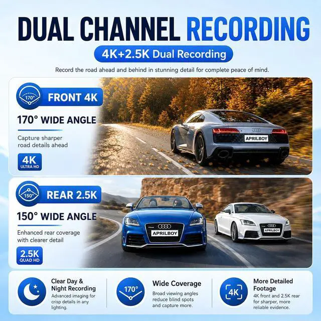 Alt view image 2 of 7 - Mirror Dual Dash Camera for Car, Dashcam 4K Front 2.5K IMX335 Rear View/ADAS BSD LCA Wi-Fi&APP WDR Night Vision G-Sensor Loop Recording Parking Monitor 64GB Card