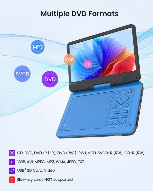 Alt view image 2 of 7 - 12.5-inch Portable DVD Player with 10.5-inch HD Screen, Portable Design for on-the-go Viewing.Supports 5 Hours of Battery Life.CD/DVD/SD Card/USB Compatible,Region Free (Blue)