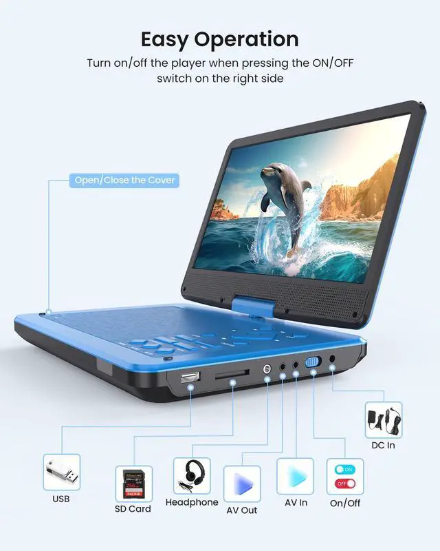 Alt view image 5 of 7 - 12.5-inch Portable DVD Player with 10.5-inch HD Screen, Portable Design for on-the-go Viewing.Supports 5 Hours of Battery Life.CD/DVD/SD Card/USB Compatible,Region Free (Blue)