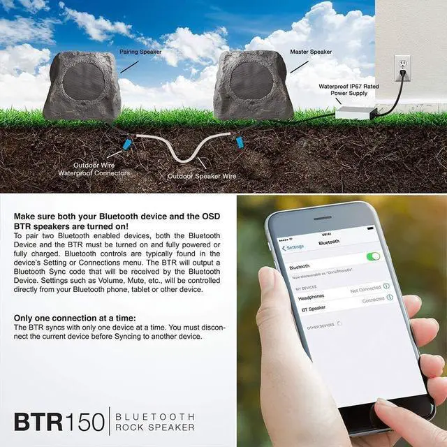 Alt view image 6 of 6 - 5.25" 120W Wireless Bluetooth Outdoor Rock Speaker Weather Resistant, Slate Dark Grey - BTR-150